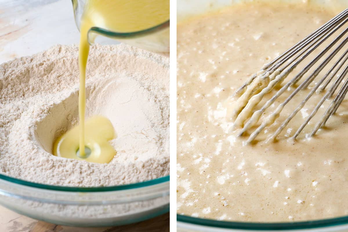showing how to make fluffy pancakes recipe by pouring the wet ingredients into the dry ingredients and then stirring to combine until there are a few lumps remaining in the batter