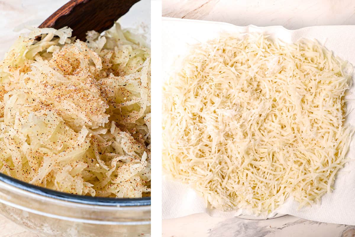 showing how to make hash browns by seasoning the potatoes in a bowl, then spreading the shredded potatoes out on a paper towel lined plate and microwaving for 2 minutes