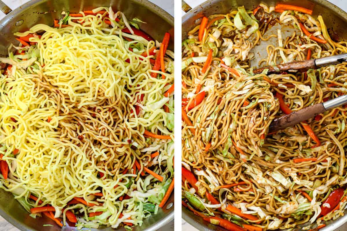 showing how to make lo mein by tossing the lo mein noodle with the lo mein sauce until evenly coated