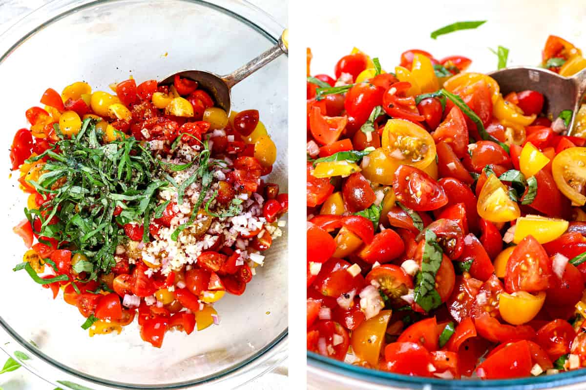 a collage showing how to make bruschetta by stirring together the chopped tomatoes, basil, garlic, shallots, balsamic vinegar, salt and pepper in a bowl