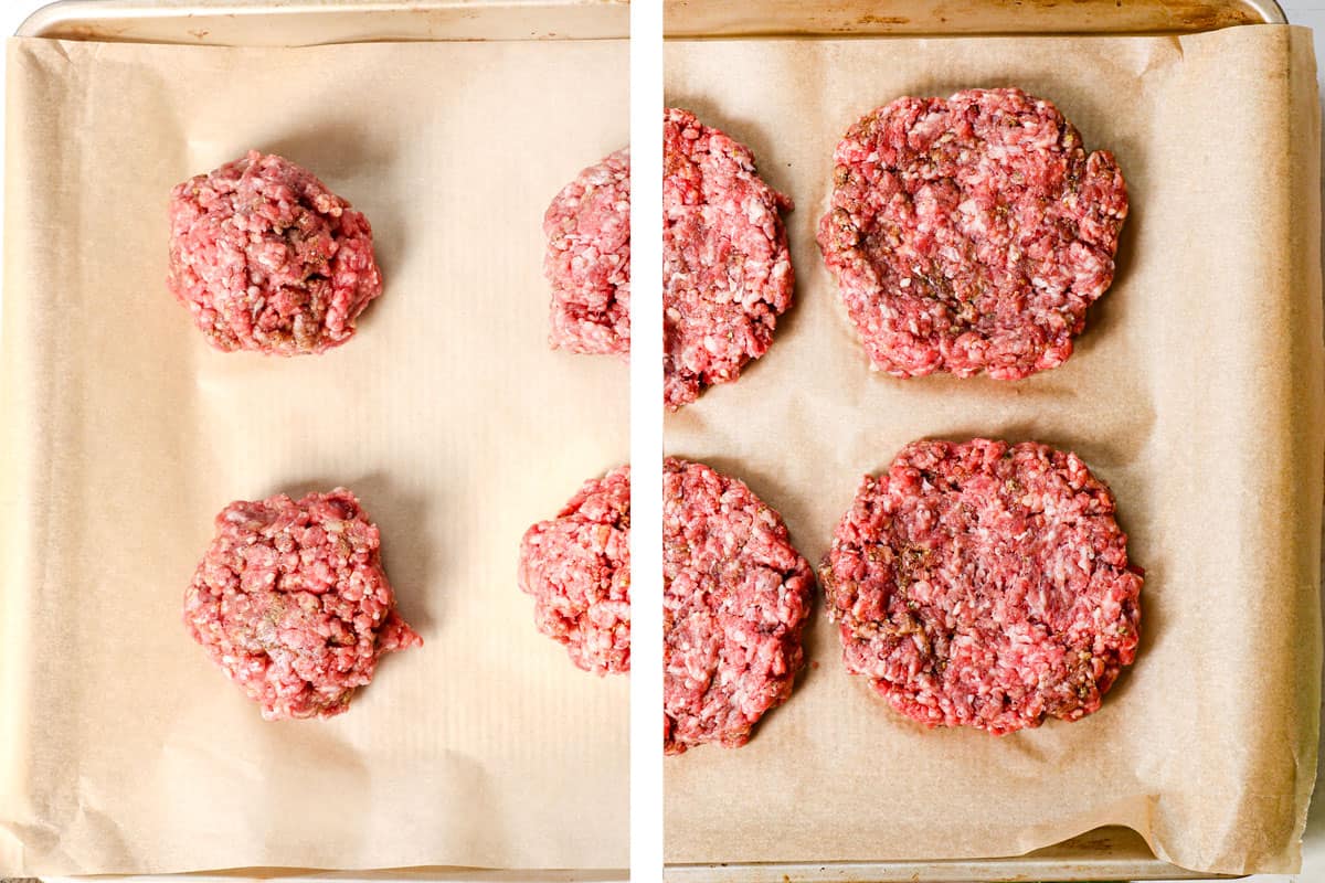 a collage showing how to make a cheeseburger by dividing the beef mixture into 6 balls, then pressing them into a circle on parchment paper