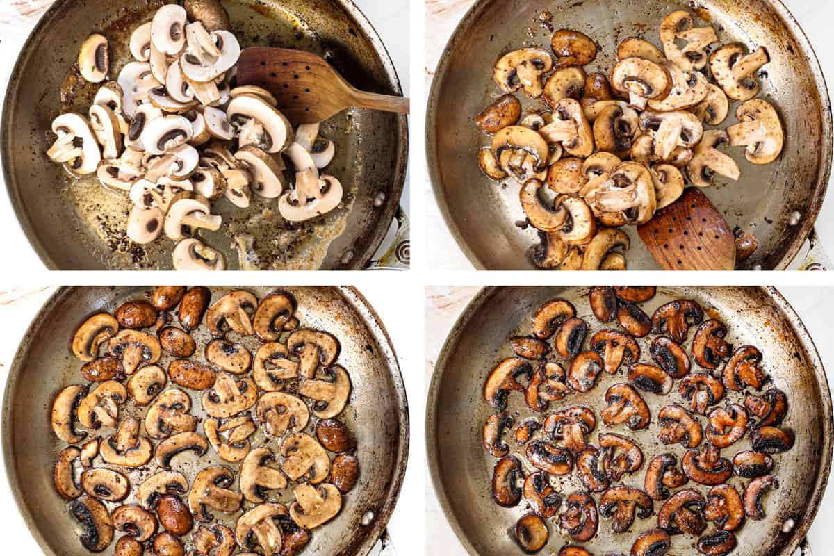 a collage showing how to make Steak Diane by caramelizing the mushrooms in butter and oil until golden with crispy edges