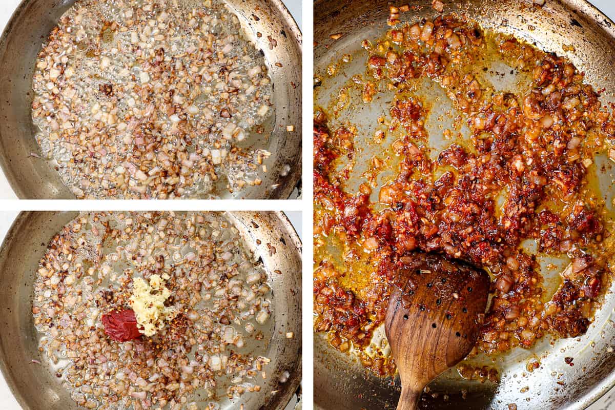 a collage showing how to make Steak Diane by sautรฉing the shallots, then adding the garlic, red pepper flakes and tomato paste and sautรฉing