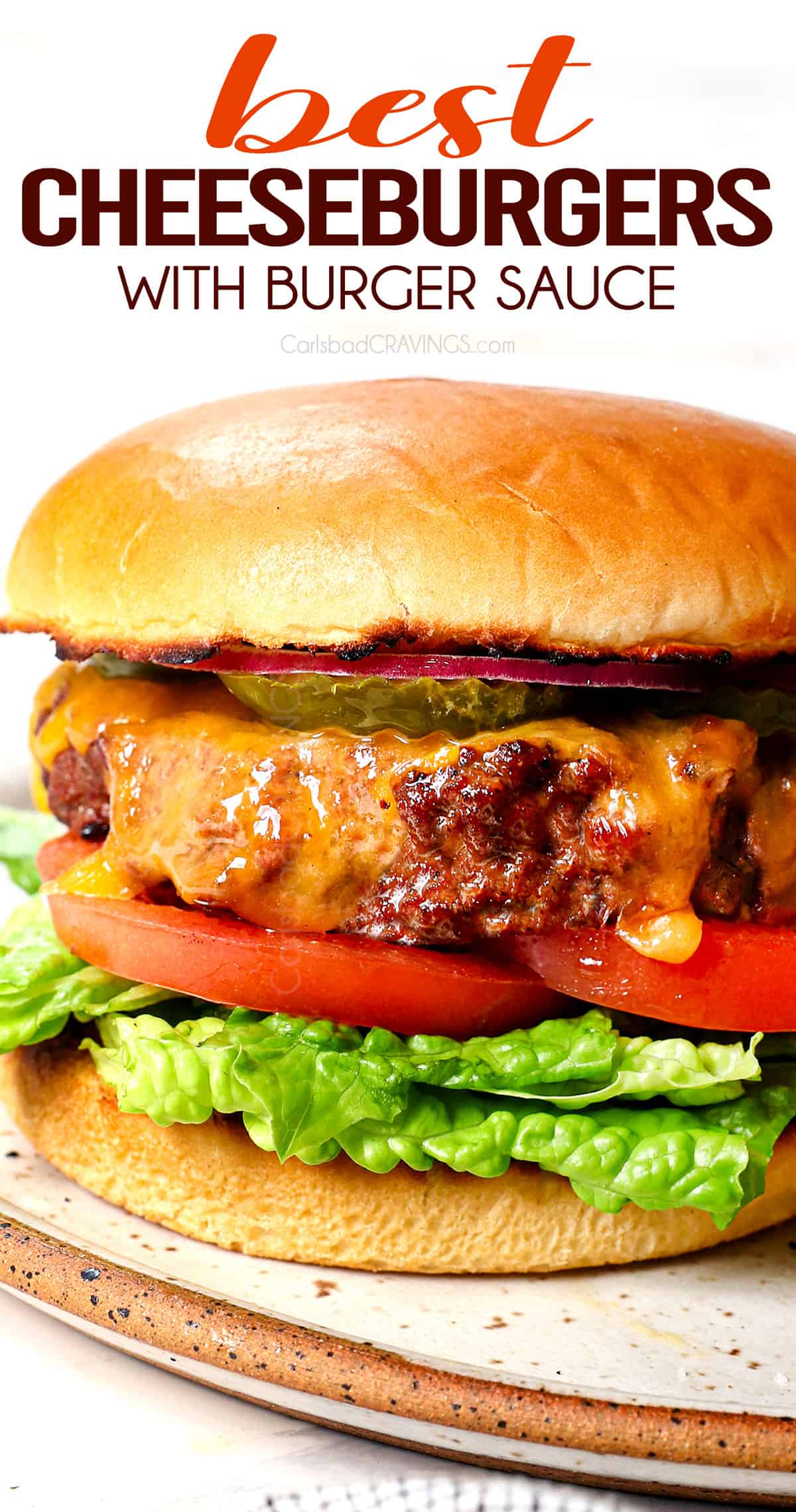 up close of a cheeseburger on a plate showing how juicy it is