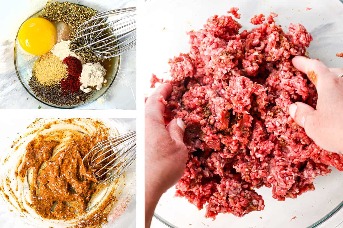 showing how to make a cheeseburger by whisking the spices, egg yolk and Worcestershire sauce together in a bowl, then adding the ground beef and mixing with hands to combine