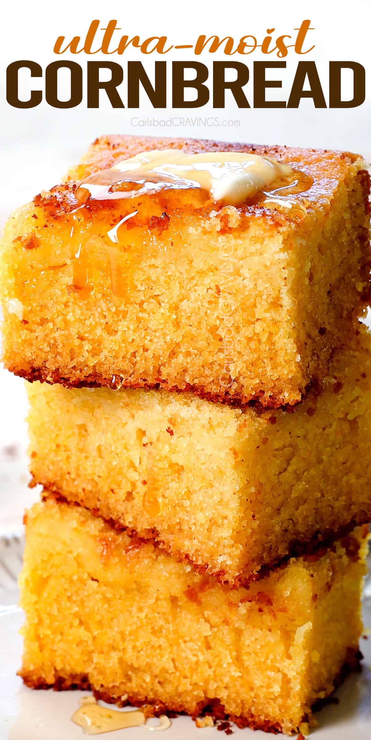 a stack of cornbread showing how thick, tall, and moist the slices are