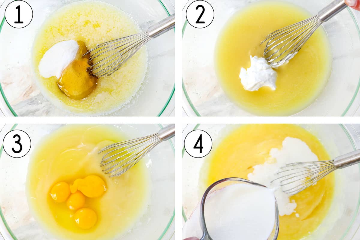 a collage showing how to make cornbread by 1. Whisking butter, sugar and honey together. 2. Whisking in sour cream, 3. whisking in eggs, 4. Whisking in buttermilk