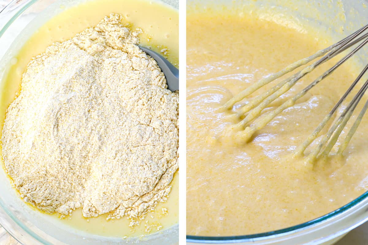 showing how to make cornbread by whisking in the dry ingredient mixture until combined with a few lumps
