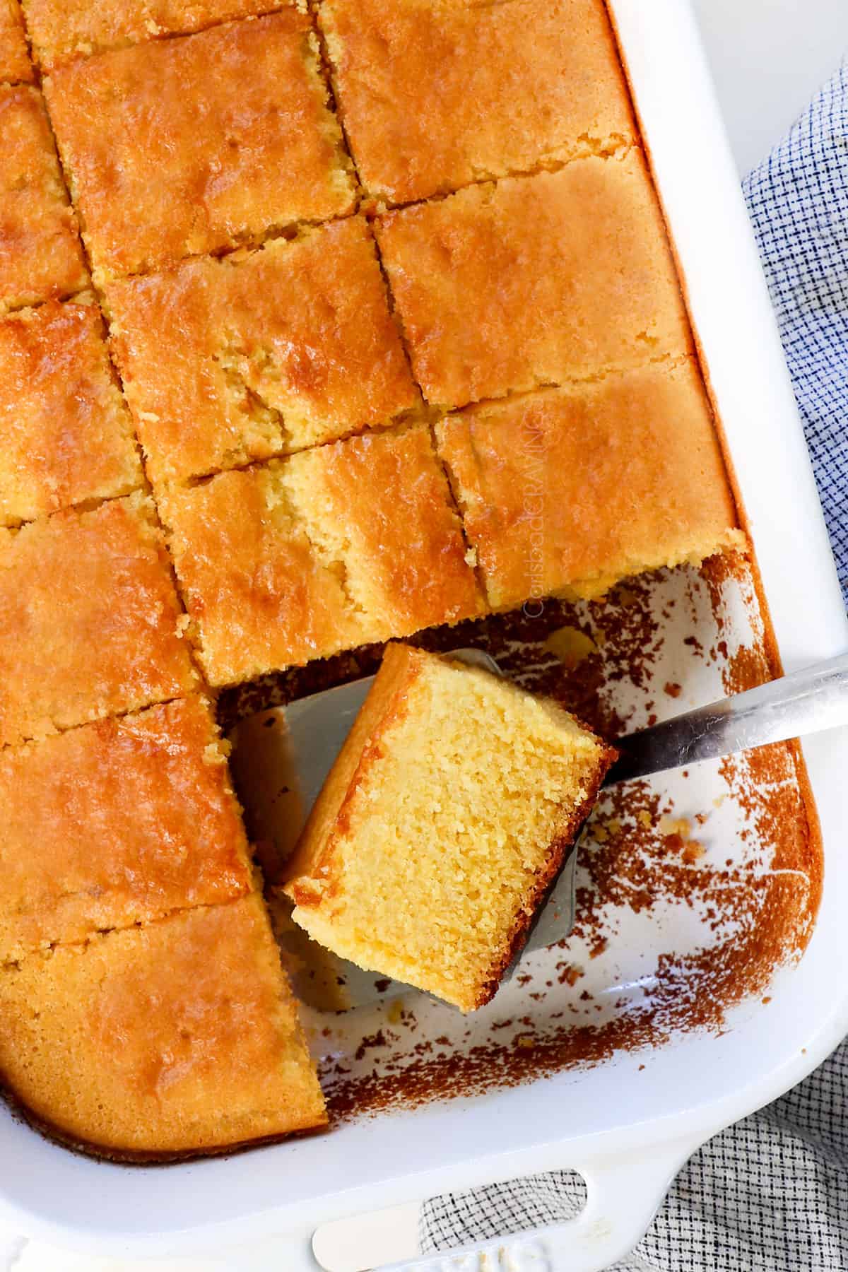 showing how to make cornbread and bake in a 9x13 pan until the top is golden and set