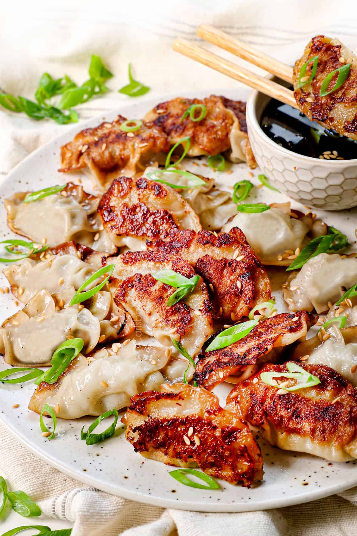 gyoza dumplings on a plate garnished with sesame seeds and green onions, and being served with gyoza sauce