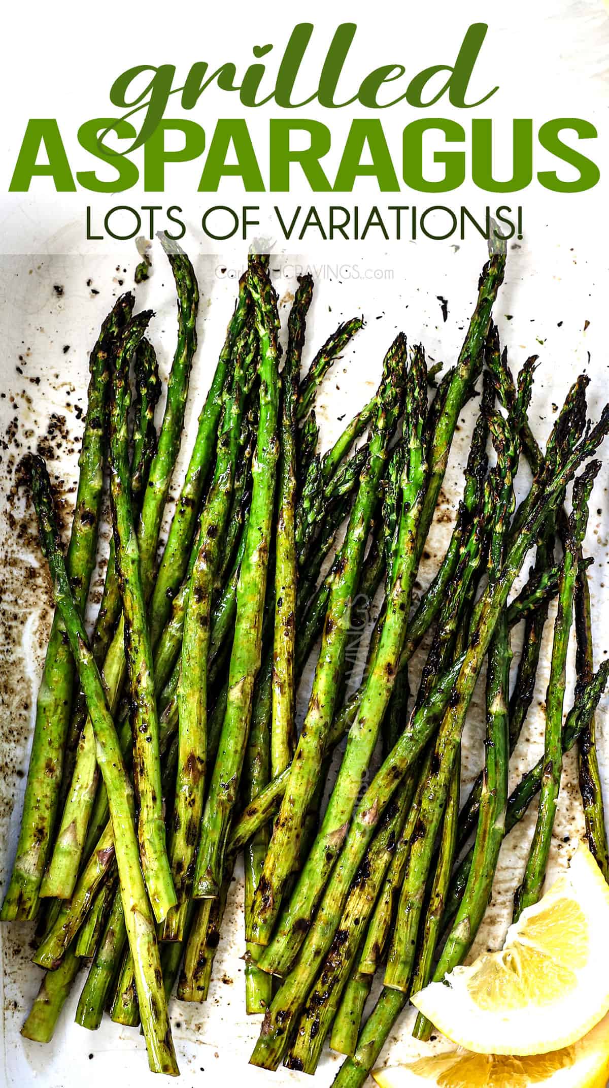 top view of grilled asparagus with lemon