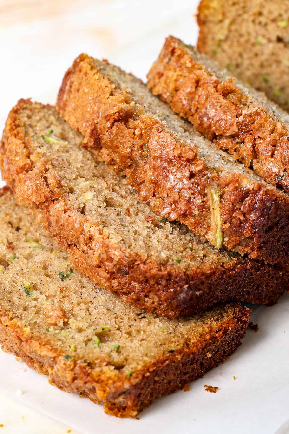 up close of moist zucchini bread slices
