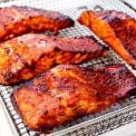 salmon in the air fryer showing the caramelized exterior