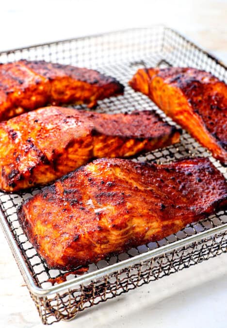 salmon in the air fryer showing the caramelized exterior