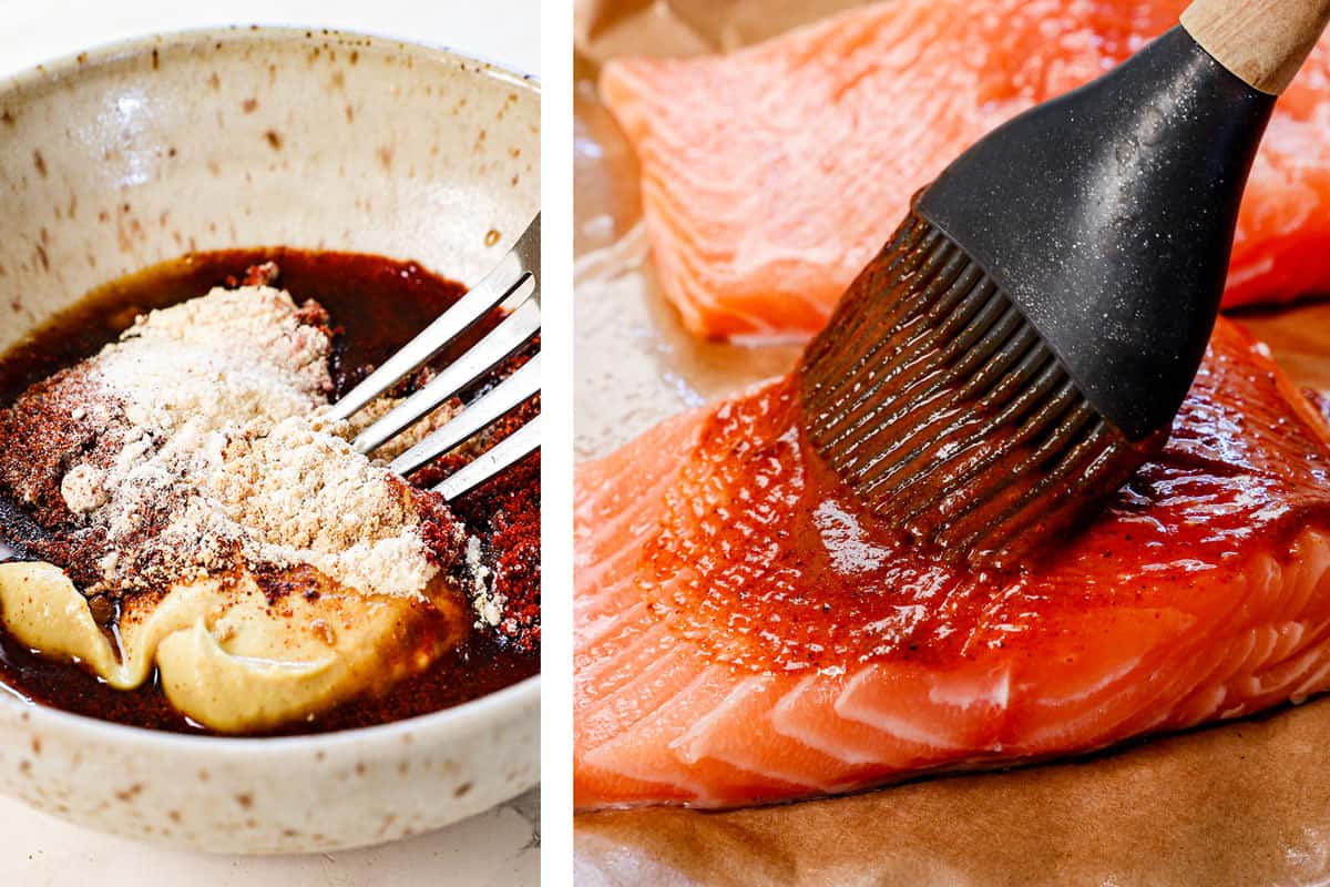 showing how to air fry salmon by whisking together the wet rub ingredients, then brushing it on the salmon
