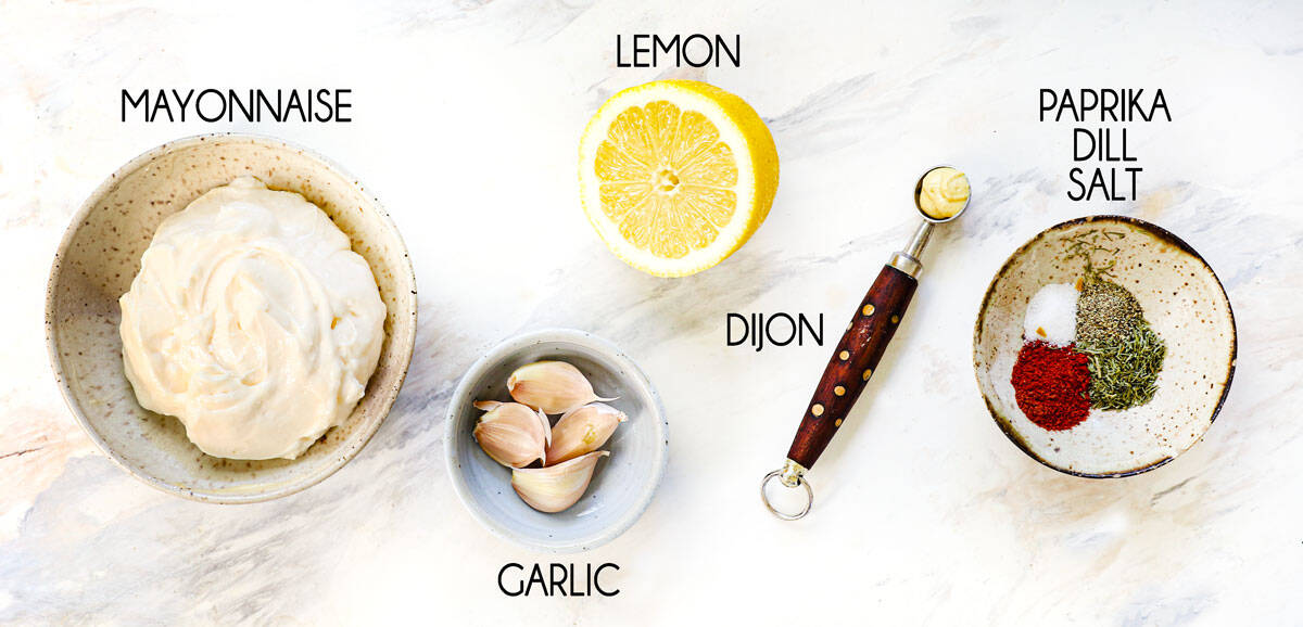 Garlic Aioli ingredients: mayonnaise, lemon, garlic, Dijon, mustard