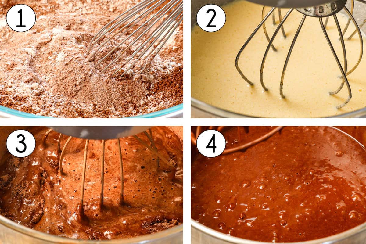 A collage showing how to make ice cream cake by mixing the dry ingredients together, then whisking the wet ingredients together, then whisking the dry ingredients into the wet ingredients