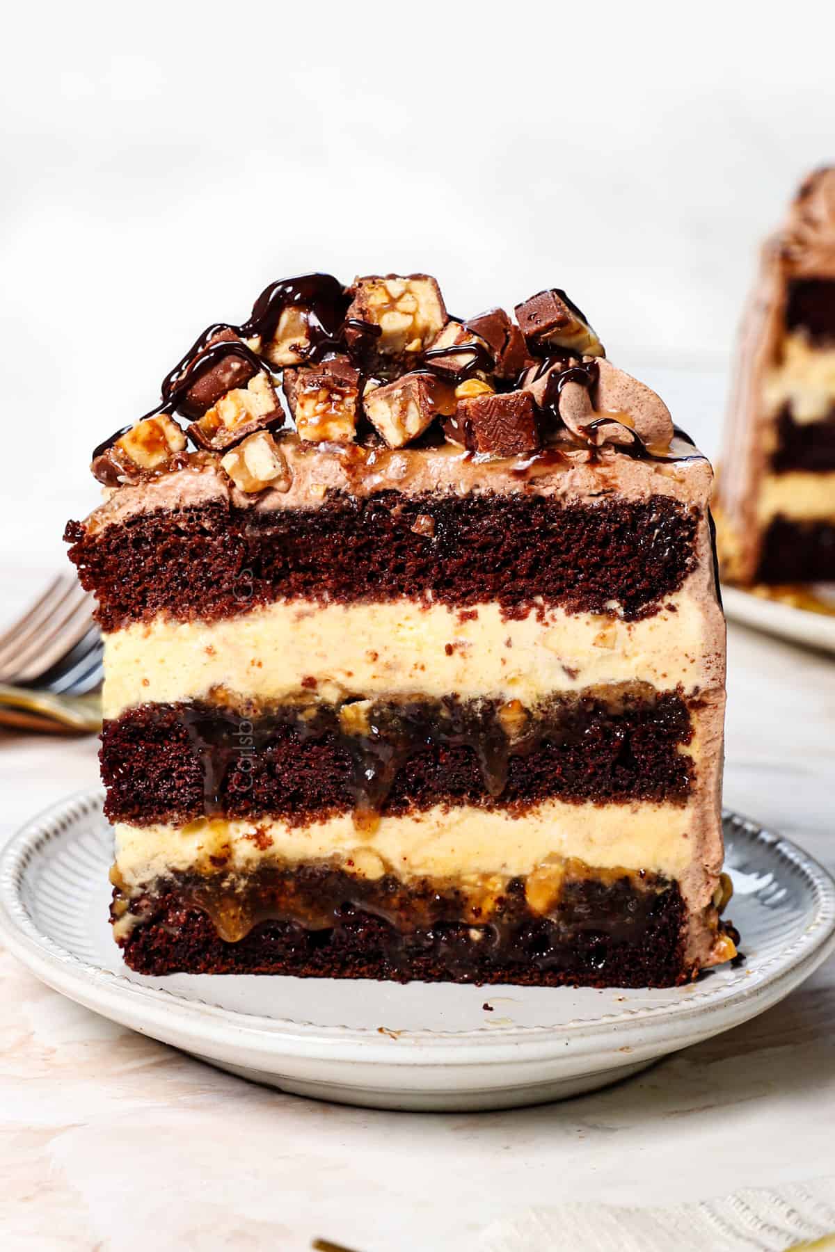 showing how to serve homemade ice cream cake on a plate garnished with caramel