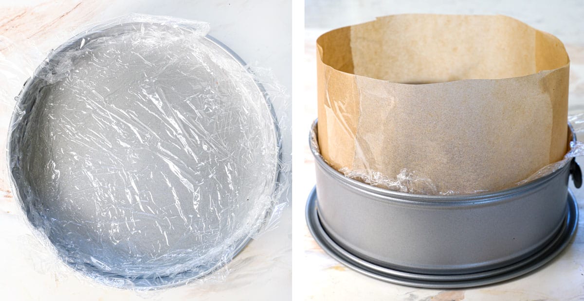 showing how to make ice cream cake by preparing the springform pan by lining it with plastic wrap, then adding a parchment paper collar to make it taller