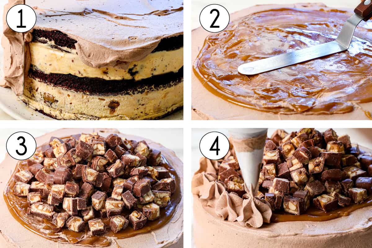 a collage showing how to make ice cream cake by decorating: frosting the cake, adding the caramel on top, adding the Snickers topping, then piping frosting around the top