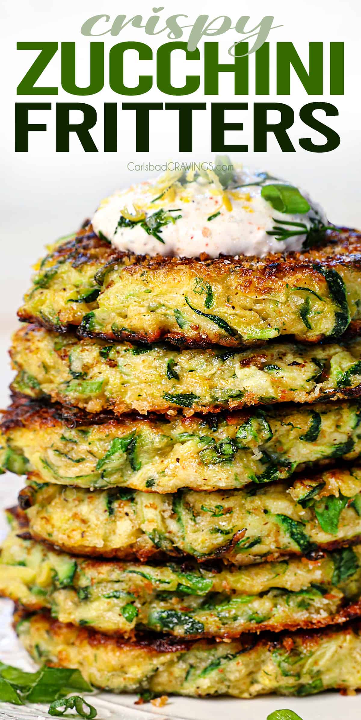 a stack of zucchini fritters showing how thick, fluffy, and crispy they are