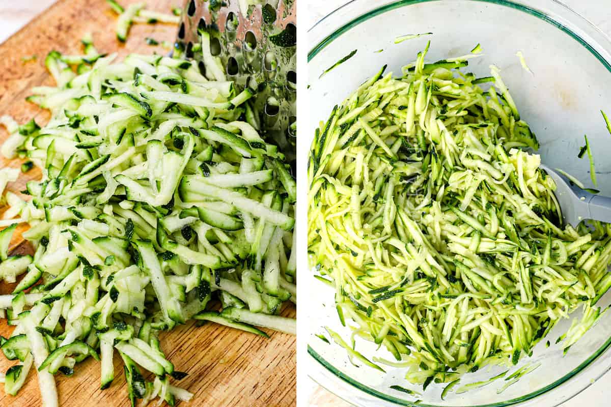 showing how to make zucchini fritters by shredding zucchini on box grater, then seasoning with salt and resting in a bowl