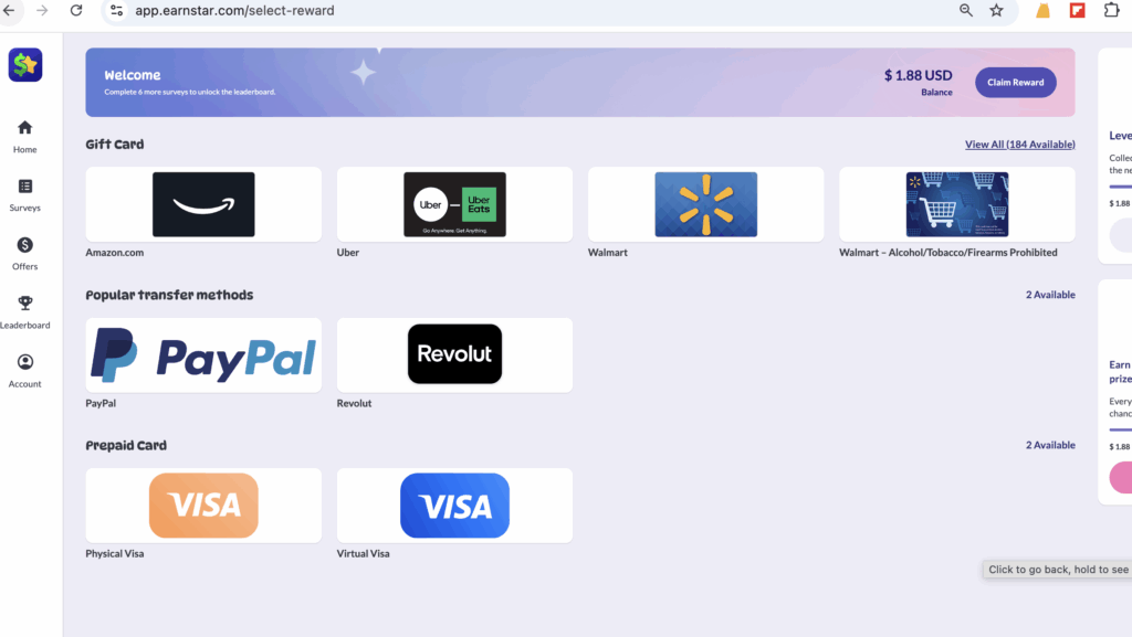 Here are some of the options for withdrawing money from EarnStar.