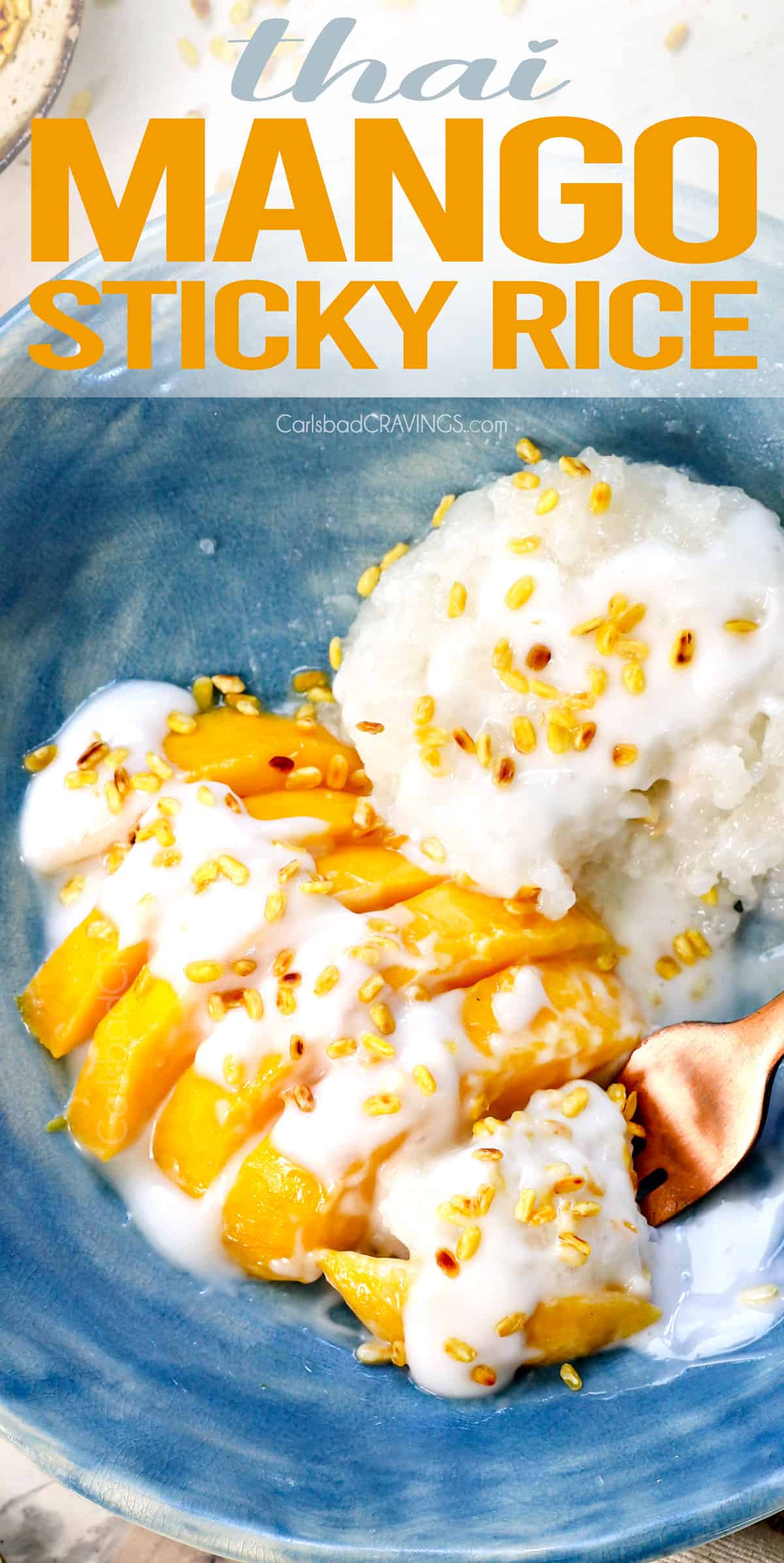 Top view of mango sticky rice being served topped with toasted, crispy mung beans