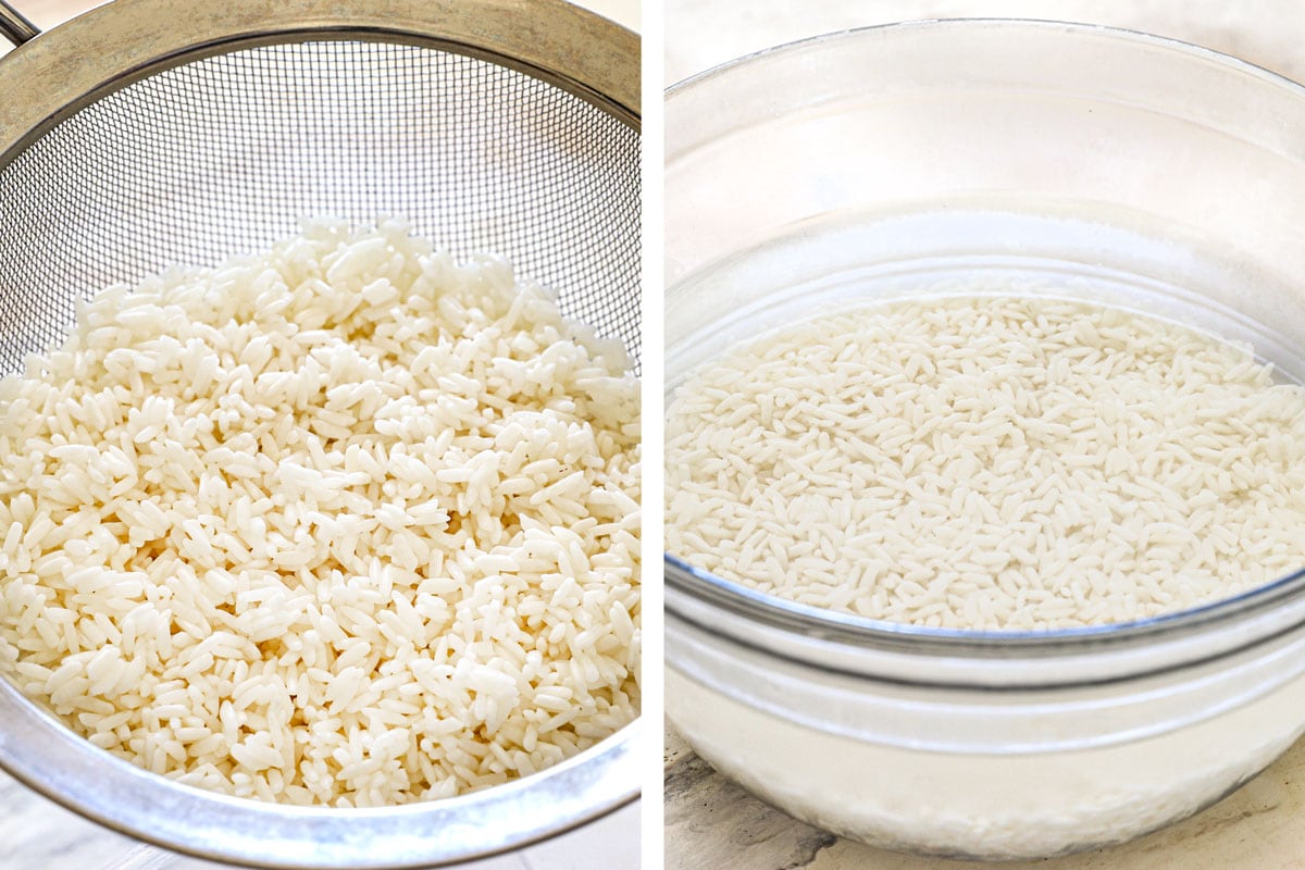 a collage showing how to make mango sticky rice by rinsing the rice until clear, then soaking the rice in a bowl of water