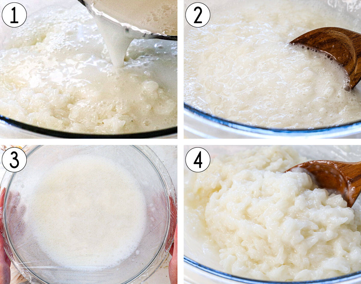 a collage showing how to make mango sticky rice by pouring the coconut syrup over the sticky rice and stirring to combine, covering with plastic wrap, then resting and stirring again