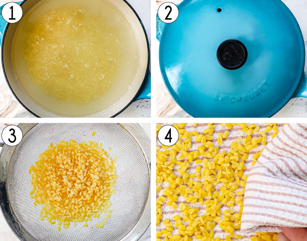 a collage showing how to make mango sticky rice by reconstituting the mung beans adding to water and bringing to a boil, soaking with the lid on, draining in a sieve, then drying on a kitchen cloth