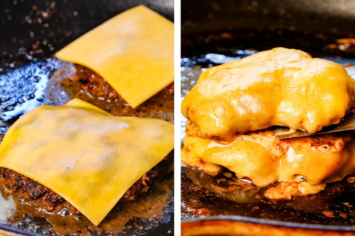 showing how to make smash burgers by topping the patties with cheese to melt, then stacking the cheesy patties on top of each other