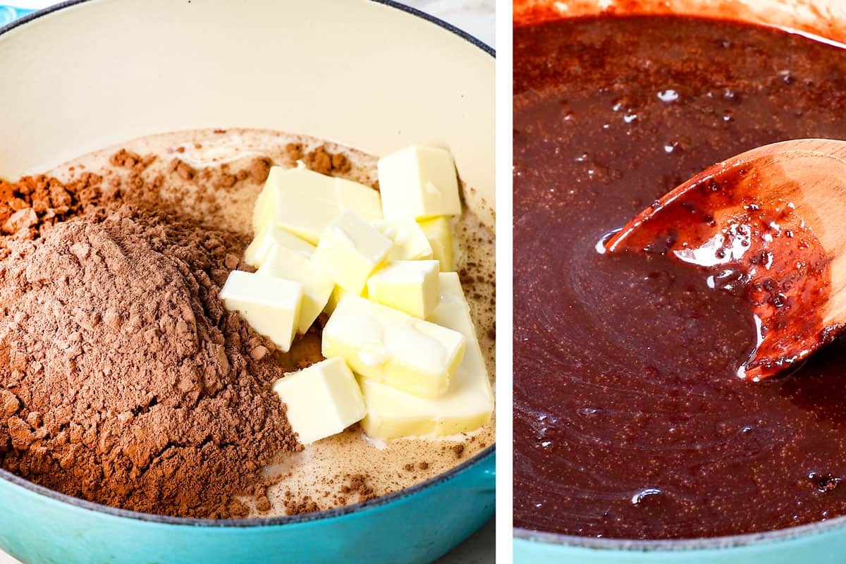 showing how to make no bake cookies by melting butter, cocoa powder and sugar together in a saucepan
