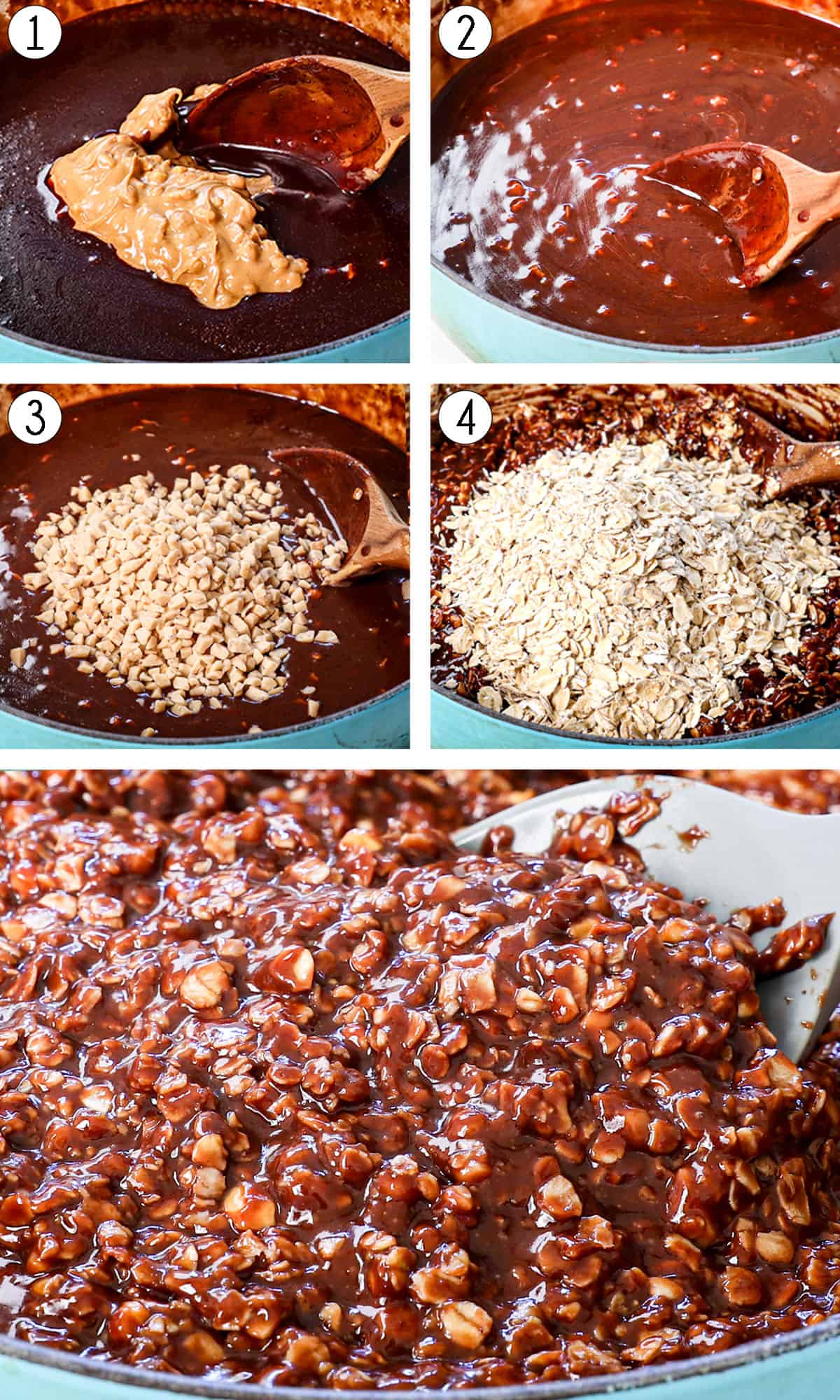 a collage showing how to make no bake cookies by stirring in the peanut butter until melted, then stirring in the toffee bits, then the oats until everything is well coated
