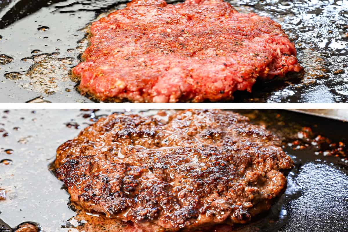 showing how to make smash burgers by cooking one side until seared with crispy edges, then flipping and cooking the other side