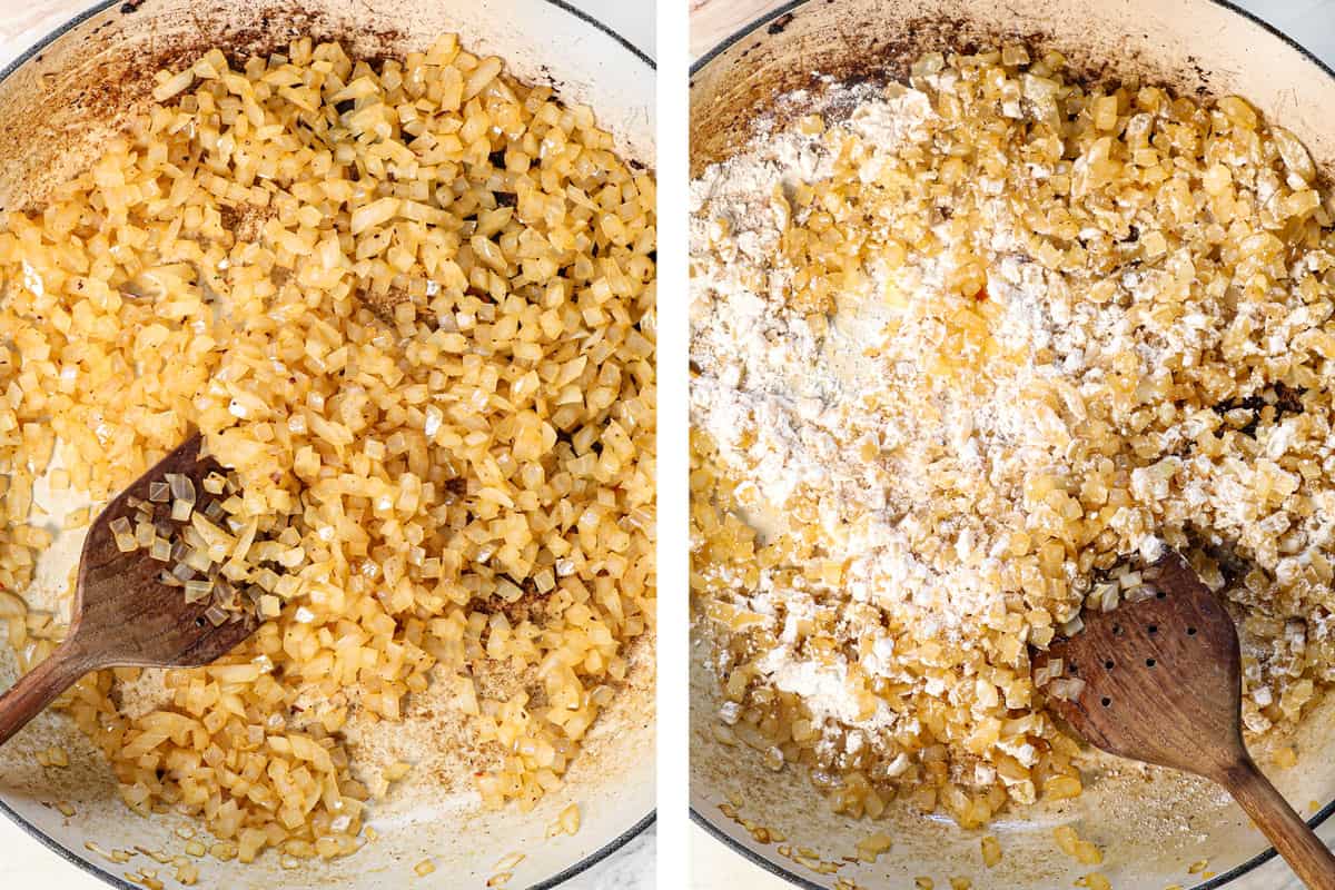 showing how to make cavatelli by sautรฉing onions and garlic, then adding flour and cooking