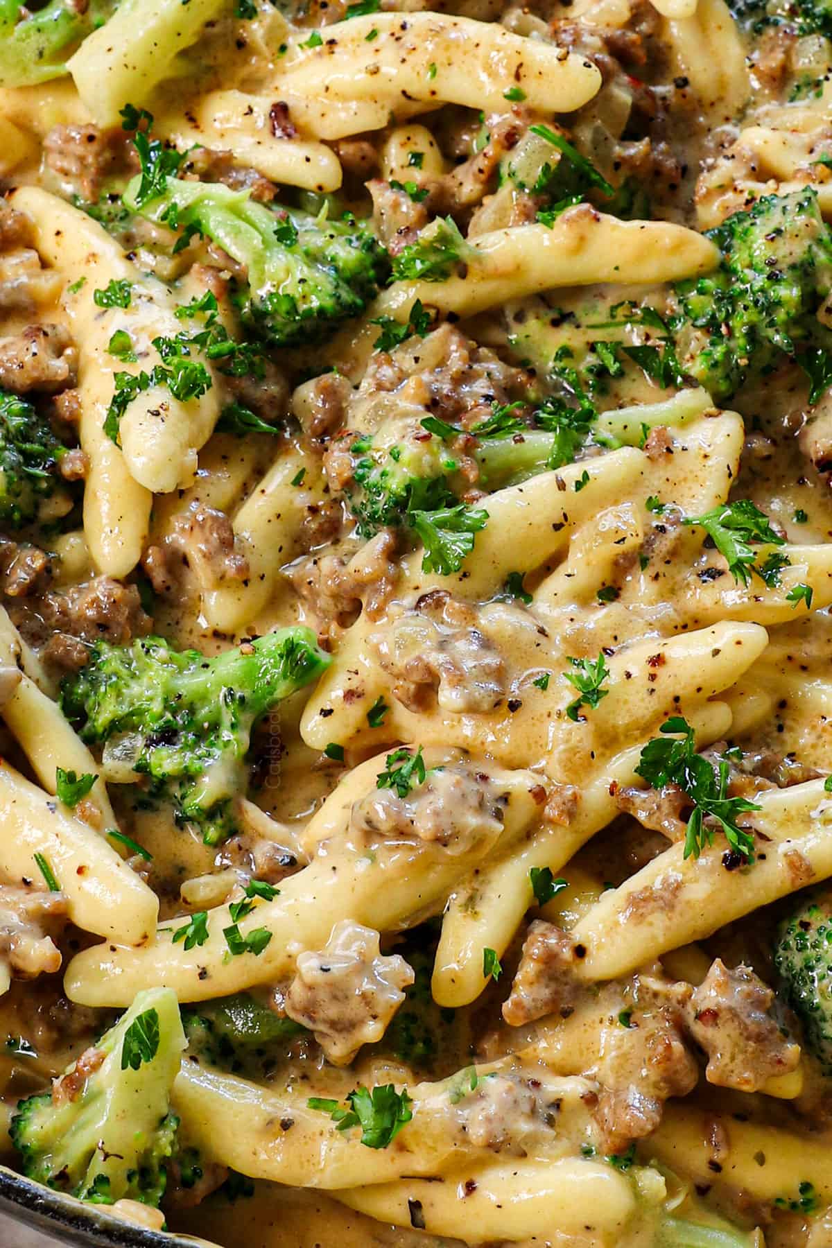 cavatelli and broccoli in a creamy sauce with sausage