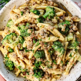 top view of cavatelli noodles with broccoli and sausage