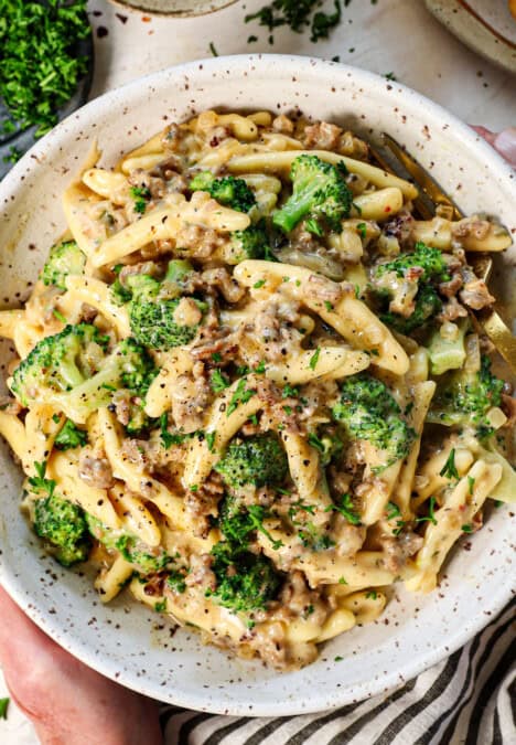 top view of cavatelli noodles with broccoli and sausage