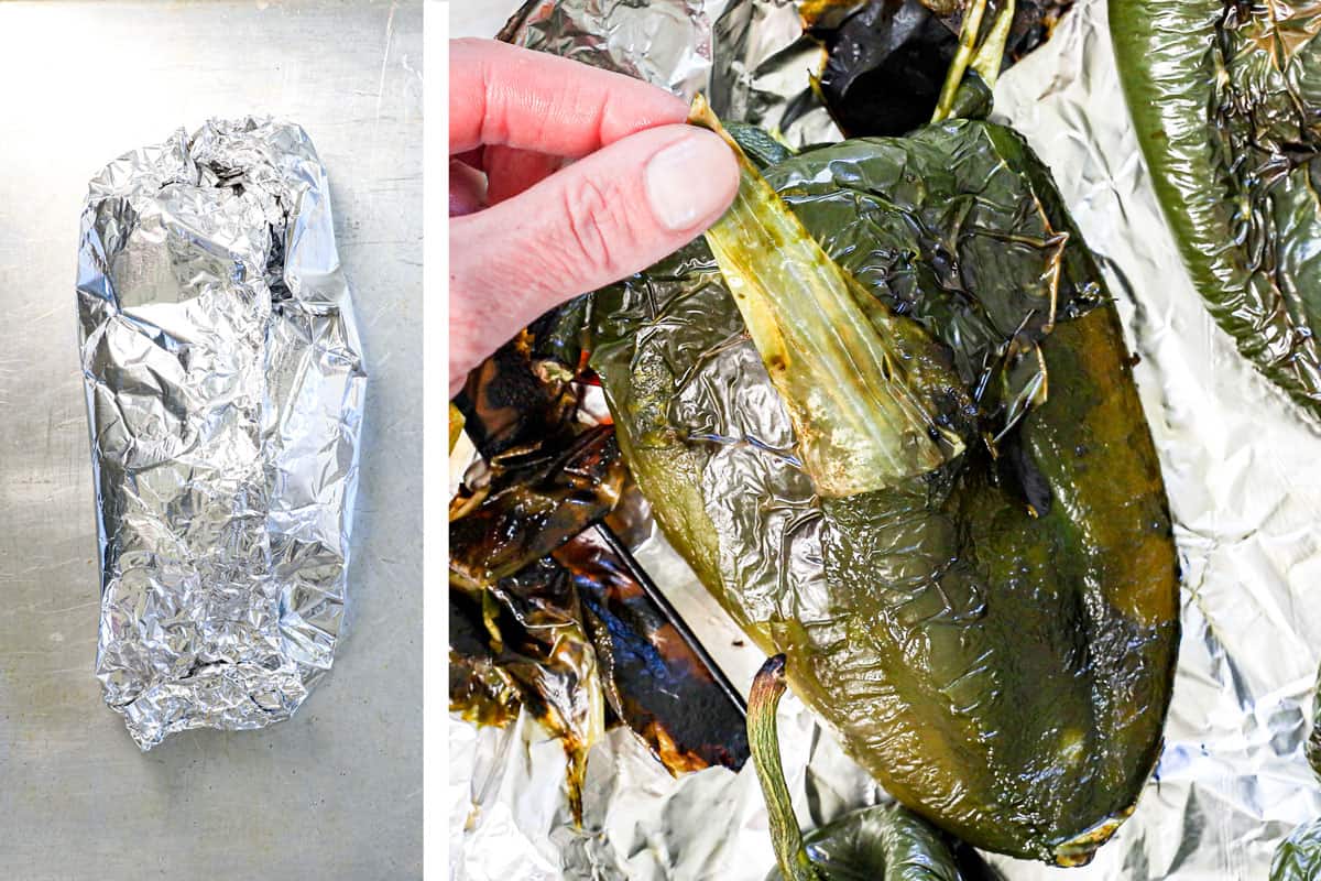a collage showing how to make chile rellenos by enclosing the peppers in foil, then peeling the charred skin off