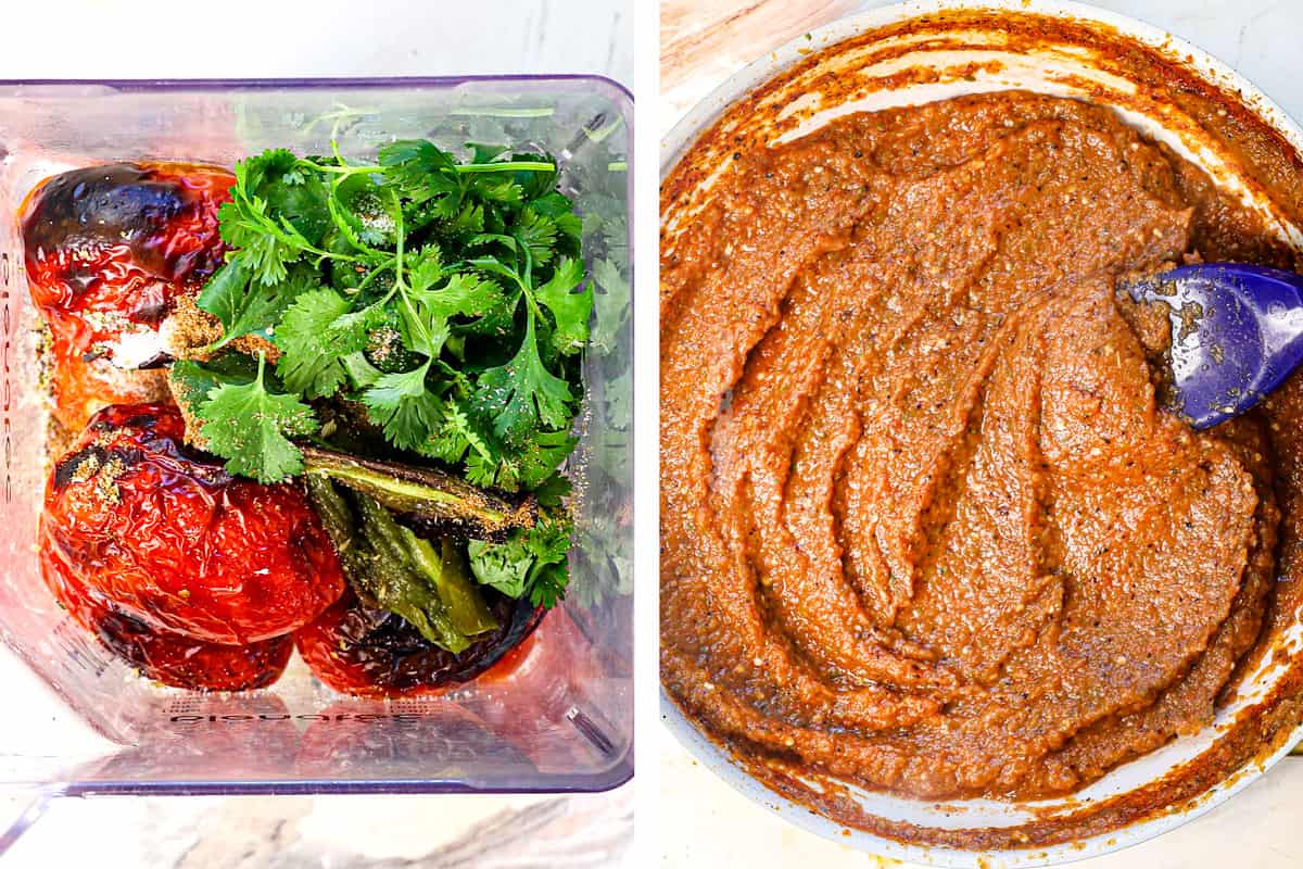 a collage showing how to make chile rellenos by adding the tomatoes, onions, garlic, serrano chiles, cilantro to a blender and blending until smooth, then simmering the salsa until thickened