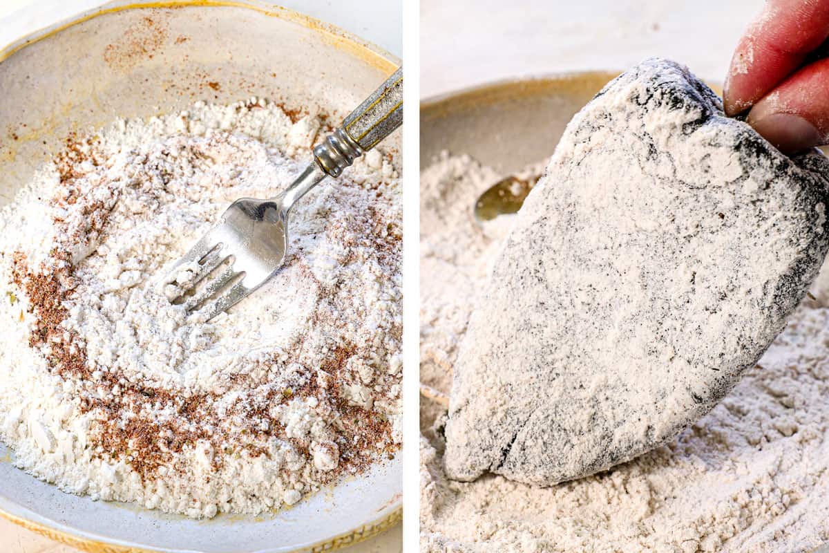 a collage showing how to make chile rellenos by mixing the flour and spices together, then dredging the poblano in the flour mixture until completely coated