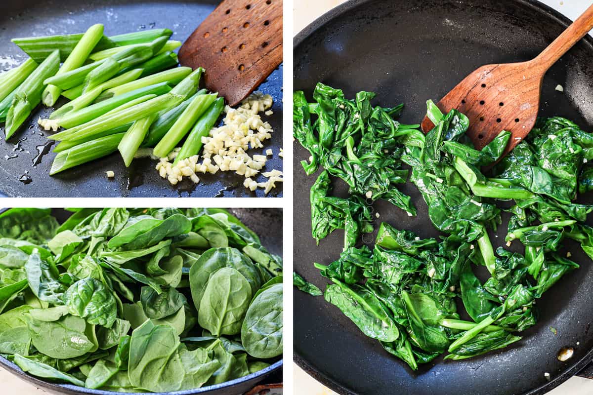 a collage showing how to make japchae by sauteing the green onions and garlic, then adding the spinach and cooking until wilted