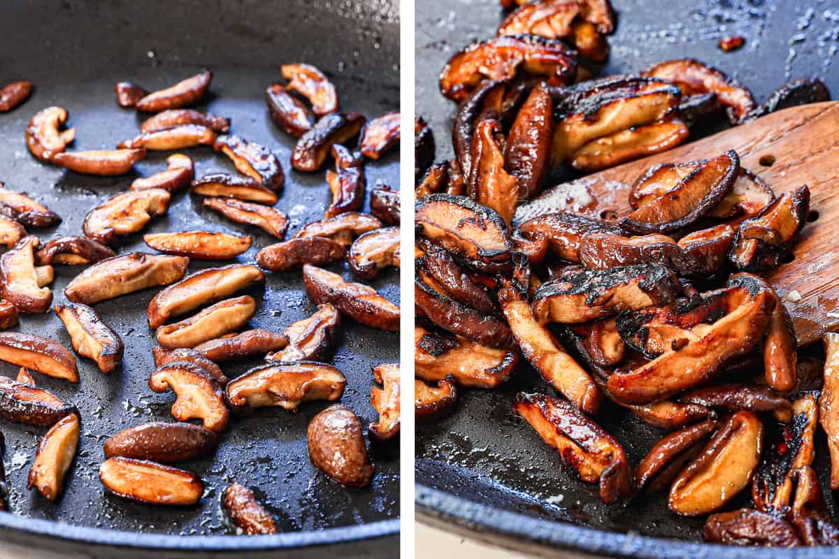 a collage showing how to make japchae by cooking the mushrooms on each side until deeply caramelized