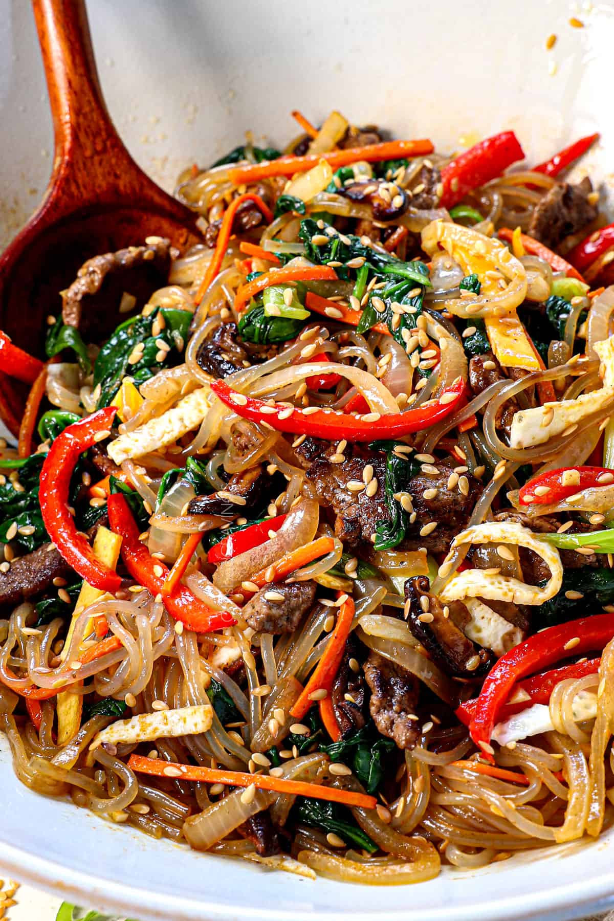 up close of best japchae recipe showing how colorful and vibrant the dish is