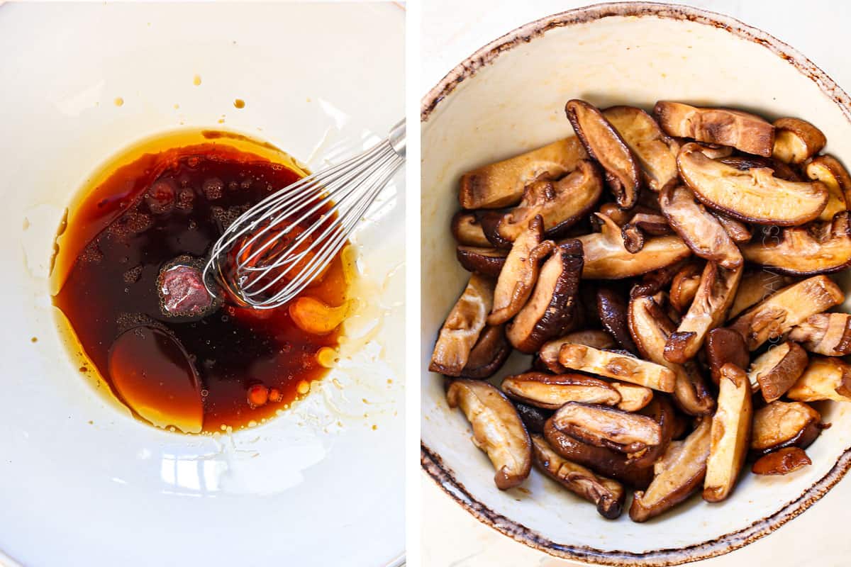 showing how to make japchae by whisking the sauce ingredients in a large bowl, then adding some of the marinade to a bowl of shiitake mushrooms
