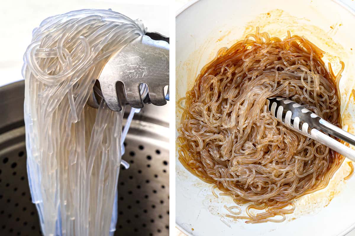 a collage showing how to make japchae cooking the sweet potato noodles until translucent, then holding up with tongs to show the color and texture, then adding to the sauce and tossing with tongs to combine