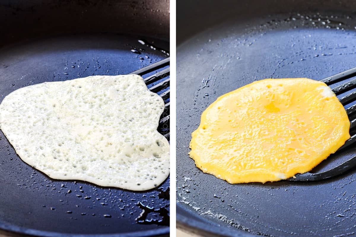 a collage showing how to make japchae by cooking the egg white, then cooking the egg yolk in a nonstick pan