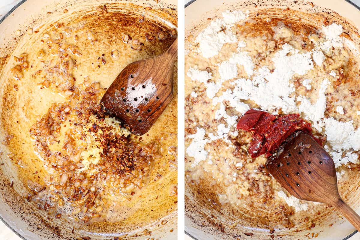 Showing how to make Marry Me Chicken by sautรฉing the shallots, followed by the garlic and red pepper flakes. Then, adding the tomato paste and flour