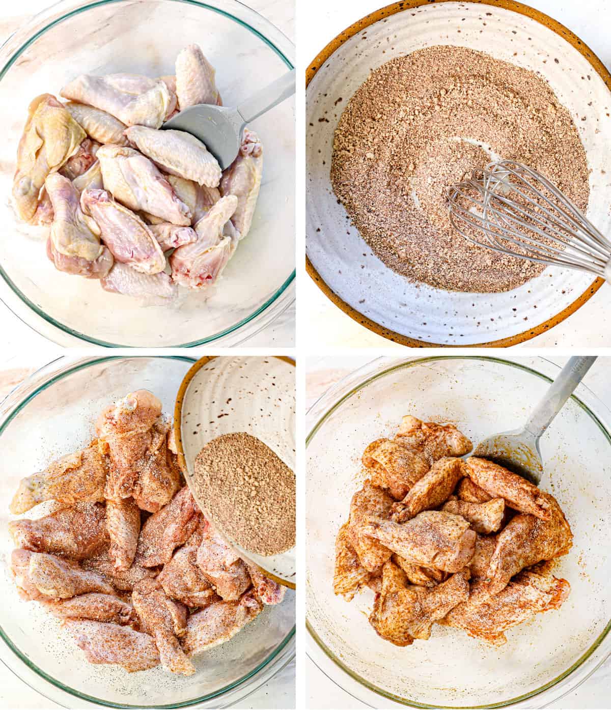 a collage showing how to air fry chicken wings by tossing the wings in olive oil, then mixing the rub spices together in a bowl, then adding the rub spices to the wings, then tossing to coat